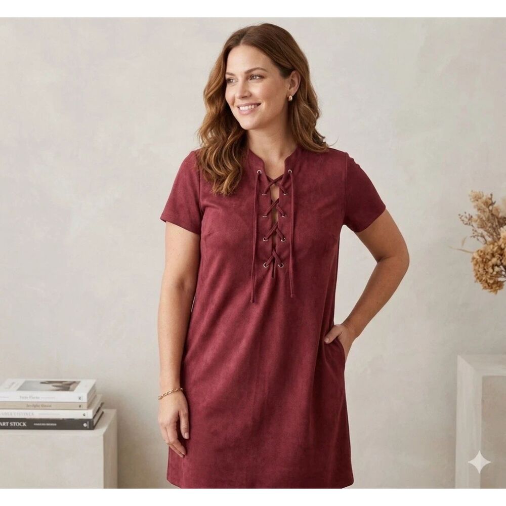 Audrey 3+1 Dress Womens Sz L Red Shift Pullover tie neck USA Boho Western casual